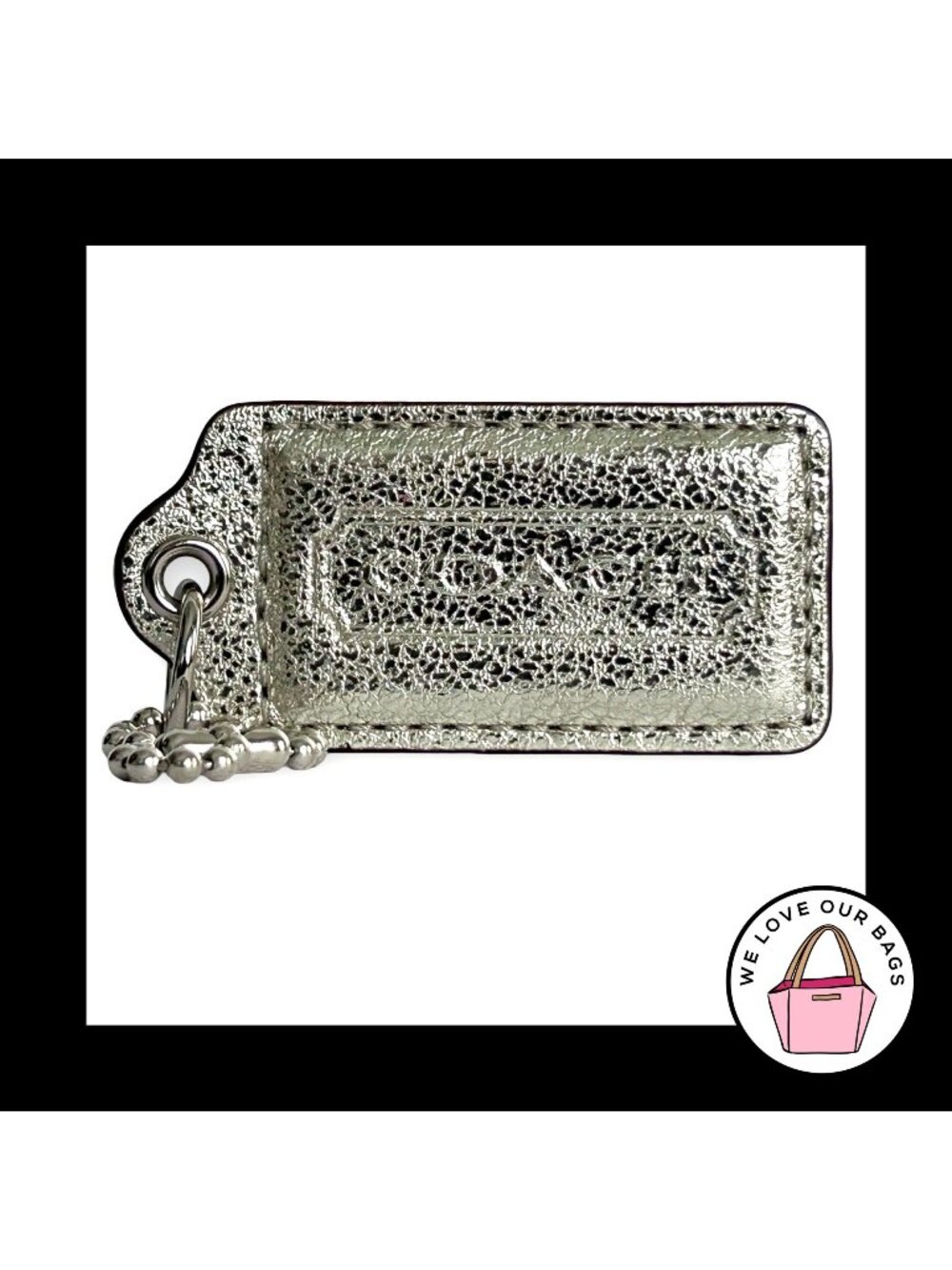 COACH POPPY HANG TAG 2.5" Silver Crackle Leather Bag Charm Keychain Fob Large